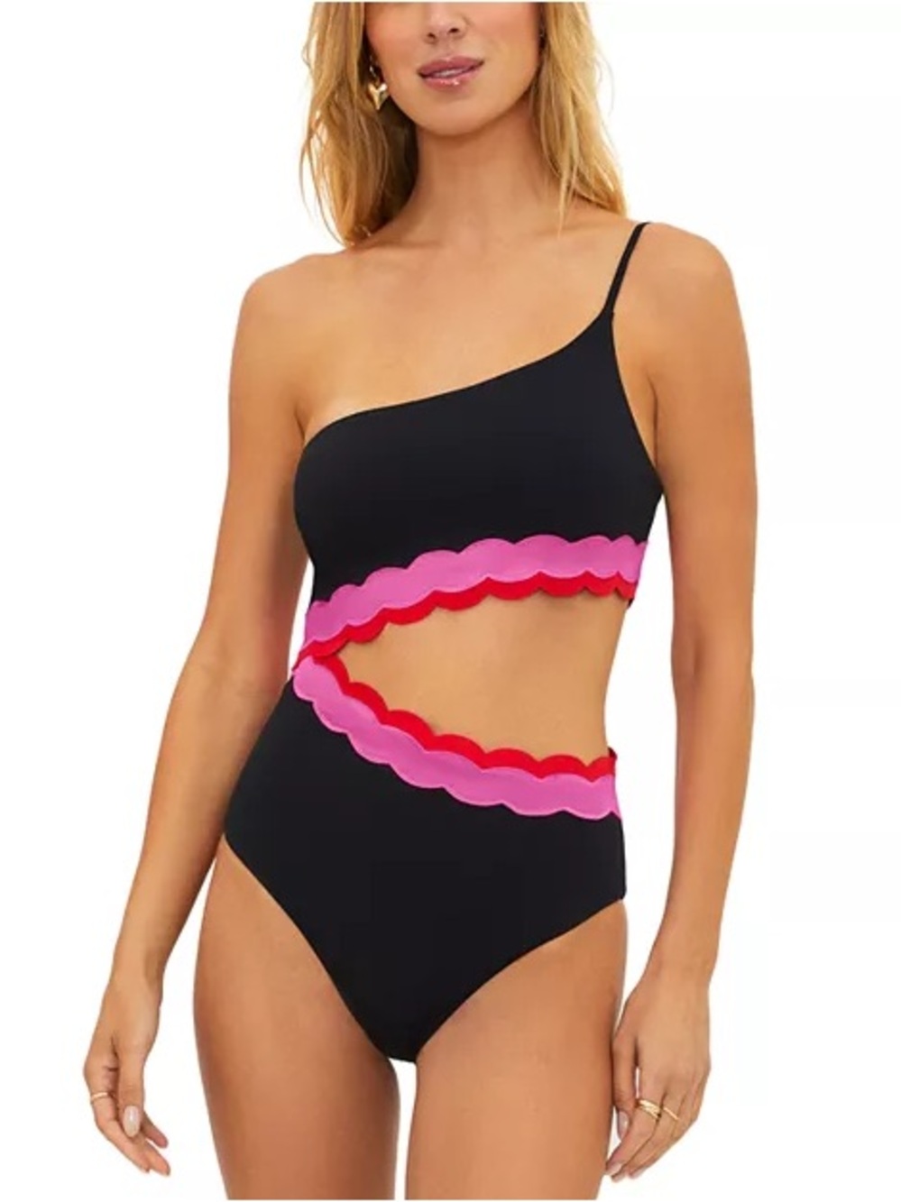 New! Beach Riot Liora One-Shoulder Swimsuit Hot Pink Scallop Trim 34208